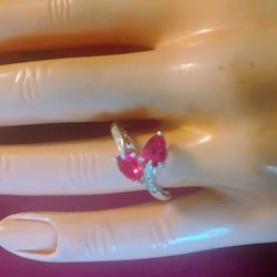 925.Silver 2 Pear Shaped Glass Ruby Stones Ring 