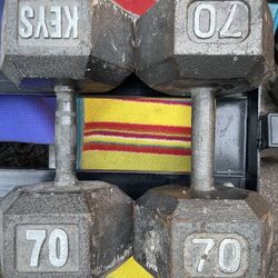 PAIR  OF 70  LB.  STEEL  HEX  DUMBBELLS