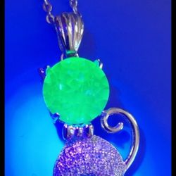 Sterling Silver Cat With Bowtie And Uranium Glass Rhinestones 