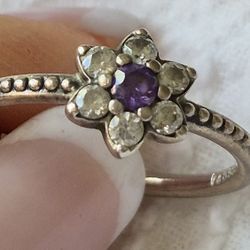 Pandora Sterling Silver " FORGET ME KNOT " AMETHYST & Cz Flower Ring- Sz5.50