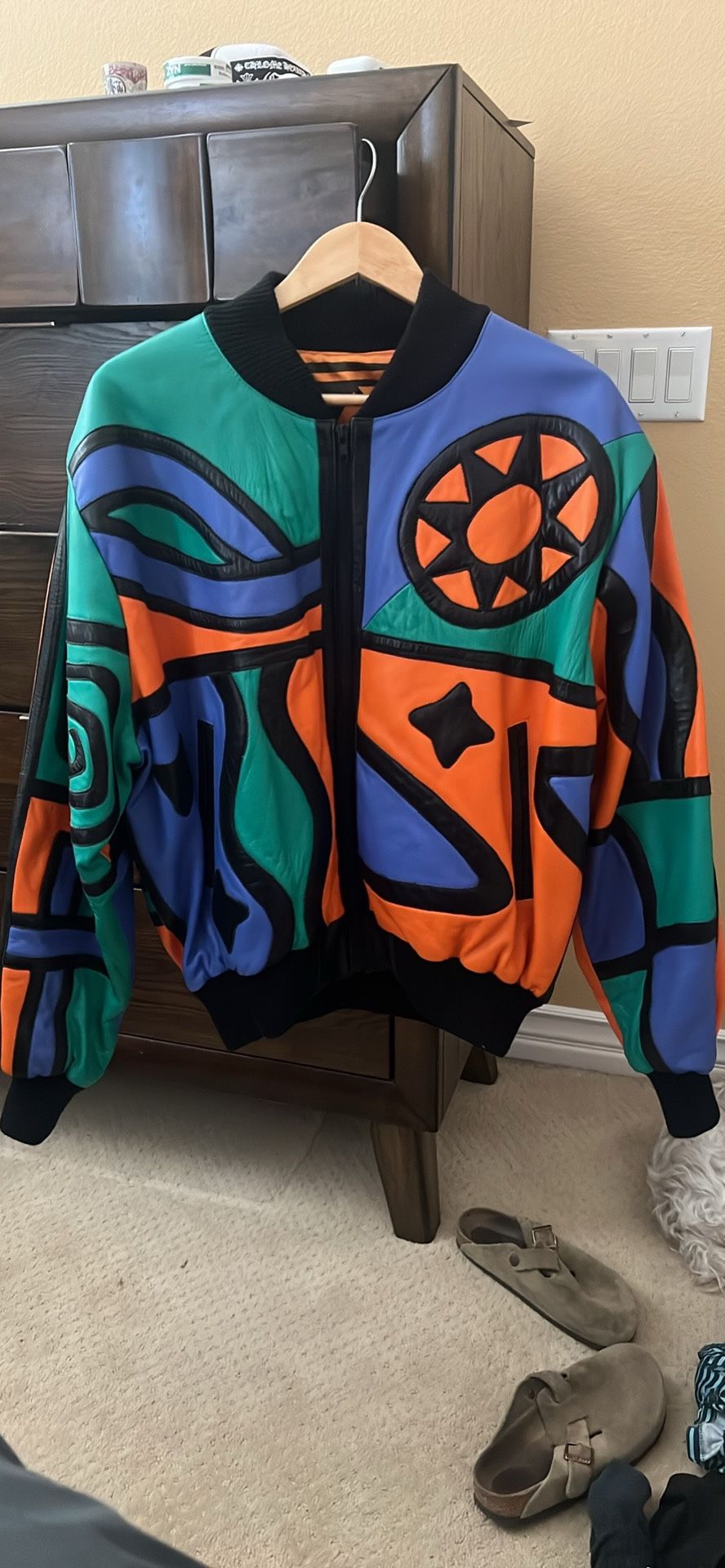 Vintage 1980s Michael Hoban “Hobo Edition” North Beach Multicolor Patchwork Leather Bomber Jacket Size 44