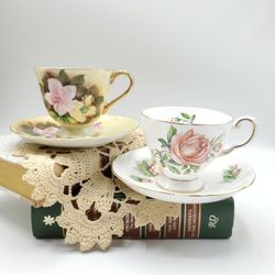 Lovely Pair of Vintage Bone China Cups and Saucers from Enesco Japan and Tuscan Fine English China
