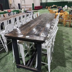 Long Wooden Tables w/ White Metal Bar Stool Chairs 