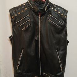 Men's Black Leather Silver Biker Punk Vest size small