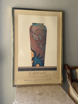 Rare Vintage 1980 Ed Baynard Asian Boho Exhibition Woodblock Poster of "The China Pot"
