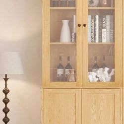 Vertical File Cabinet, Wood Filing Cabinet with Open Storage Shelf, Glass Doors and Fixed Storage Shelves for Home Office, Wood