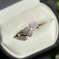 Jewelry 10k solid yellow gold diamonds 0.1CTW double heart ring sz 7.00