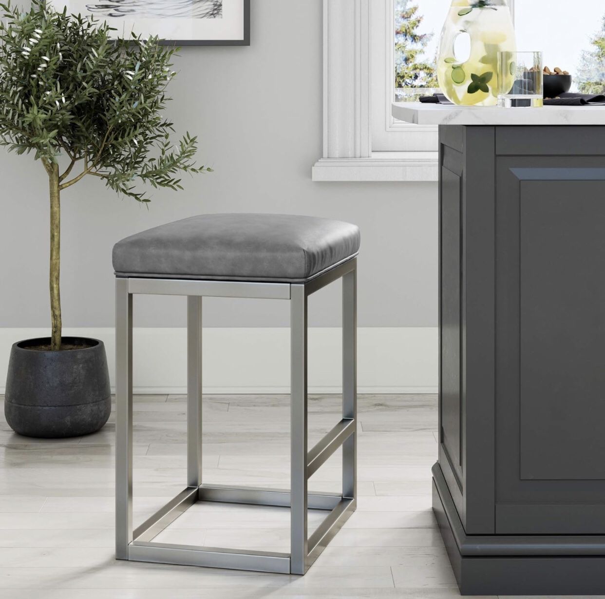 NEW! Nathan James Nelson Bar Stool with Leather Cushion and Metal Base, 24", Gray/Stainless Steel