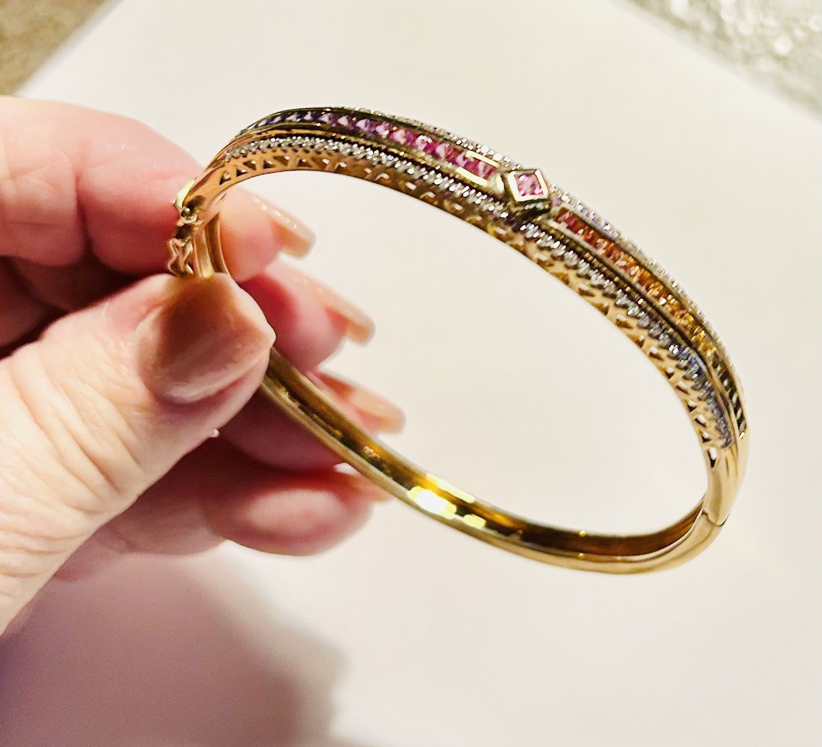 14K Gold Multi Color Sapphire- Diamond 7” (1980s) Bracelet. Gold $3300 ounce.
