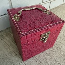 Faux Crocodile Jewelry Box Pink Vintage Style Trinket Case with Mirror Ring Holder