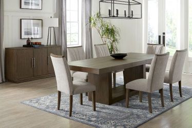 Elegant Brown Dining Set with Gray Upholstered Chairs & Extension Table