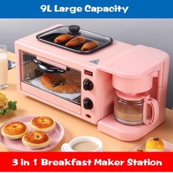 3 in 1 Breakfast Maker Station Toaster Oven with 30-Min Timer, Heat Selector Mode, 4-Cup Coffeemaker, Griddle, Toaster Oven, pink