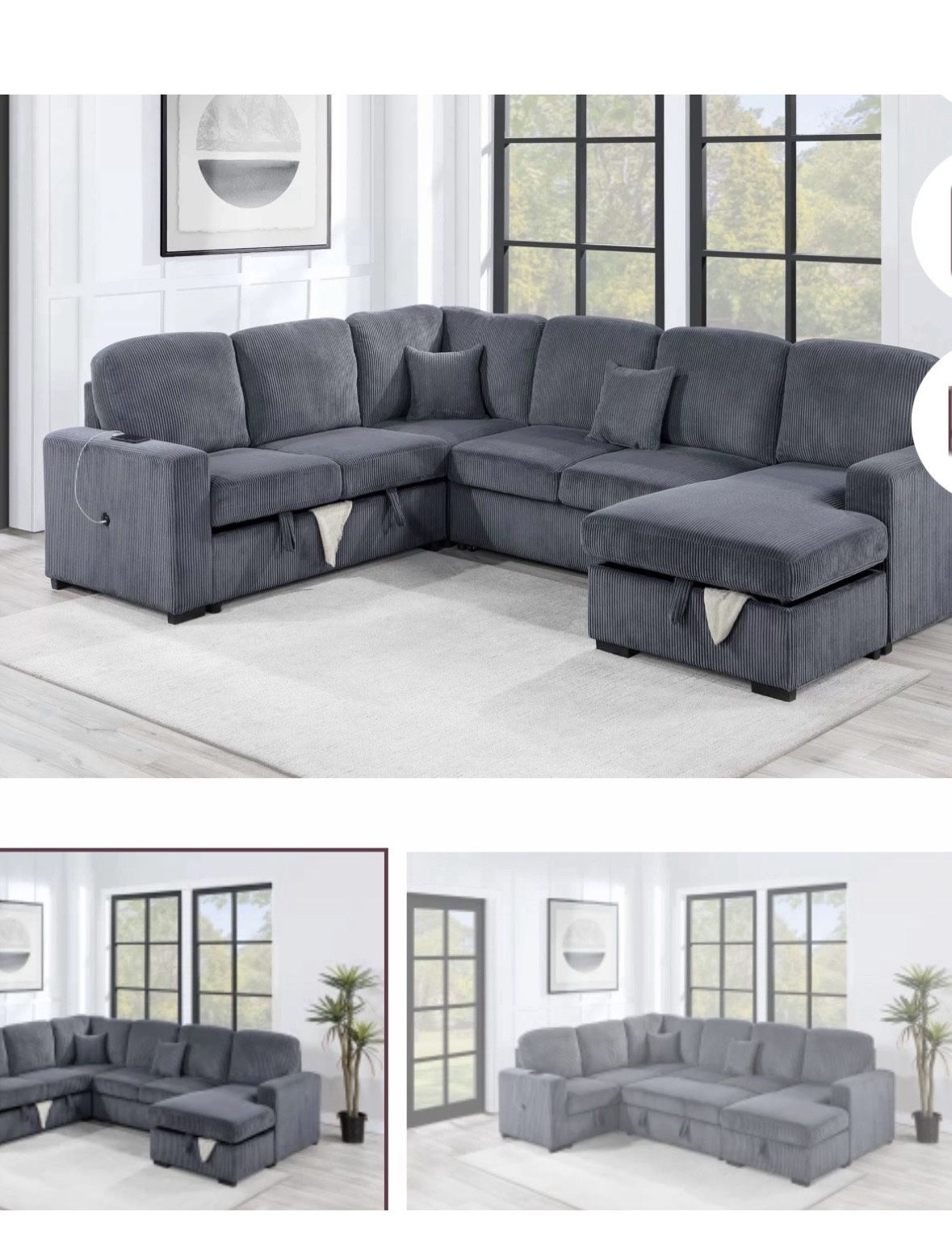 $650. 4Piece Convertible Sectional Sleeper Sofa ,Chaise Storage ,Sofa Storage & USB Ports