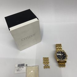 NEW CITIZEN ECO DRIVE MAN'S CHRONOGRAPH CRYSTAL GOLD TONE WATCH AT2452-52E