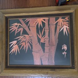 Vtg Mid-Century Japanese Hand Embroidery Red Bamboo Framed Hardwood 24”x20”
