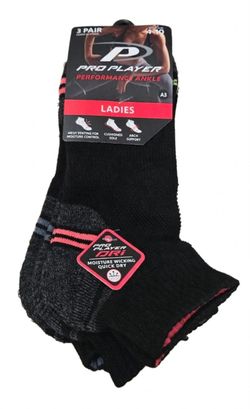 Pro player ladies performance ankle socks 3 pair black dri moisture wicking size 4-10 new with tags