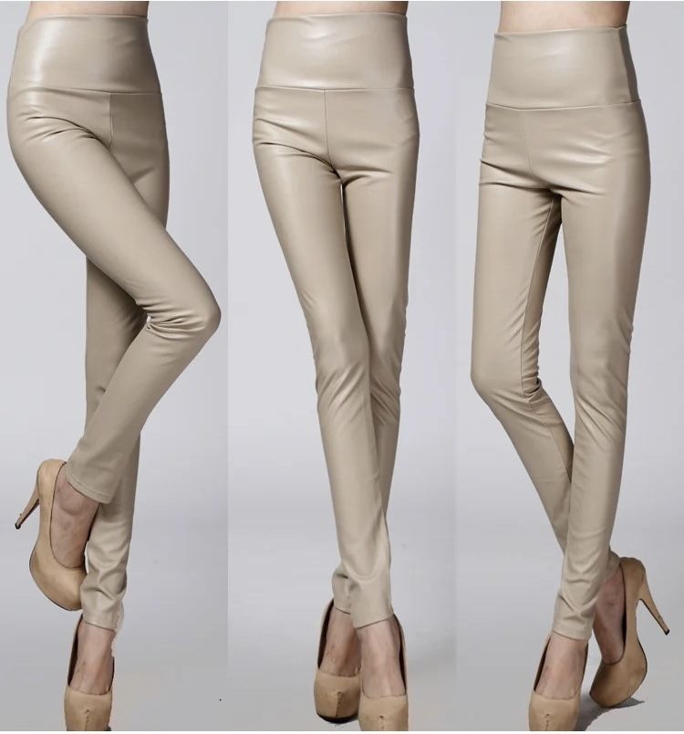 Creme Skinny PU Leather Pants L Size