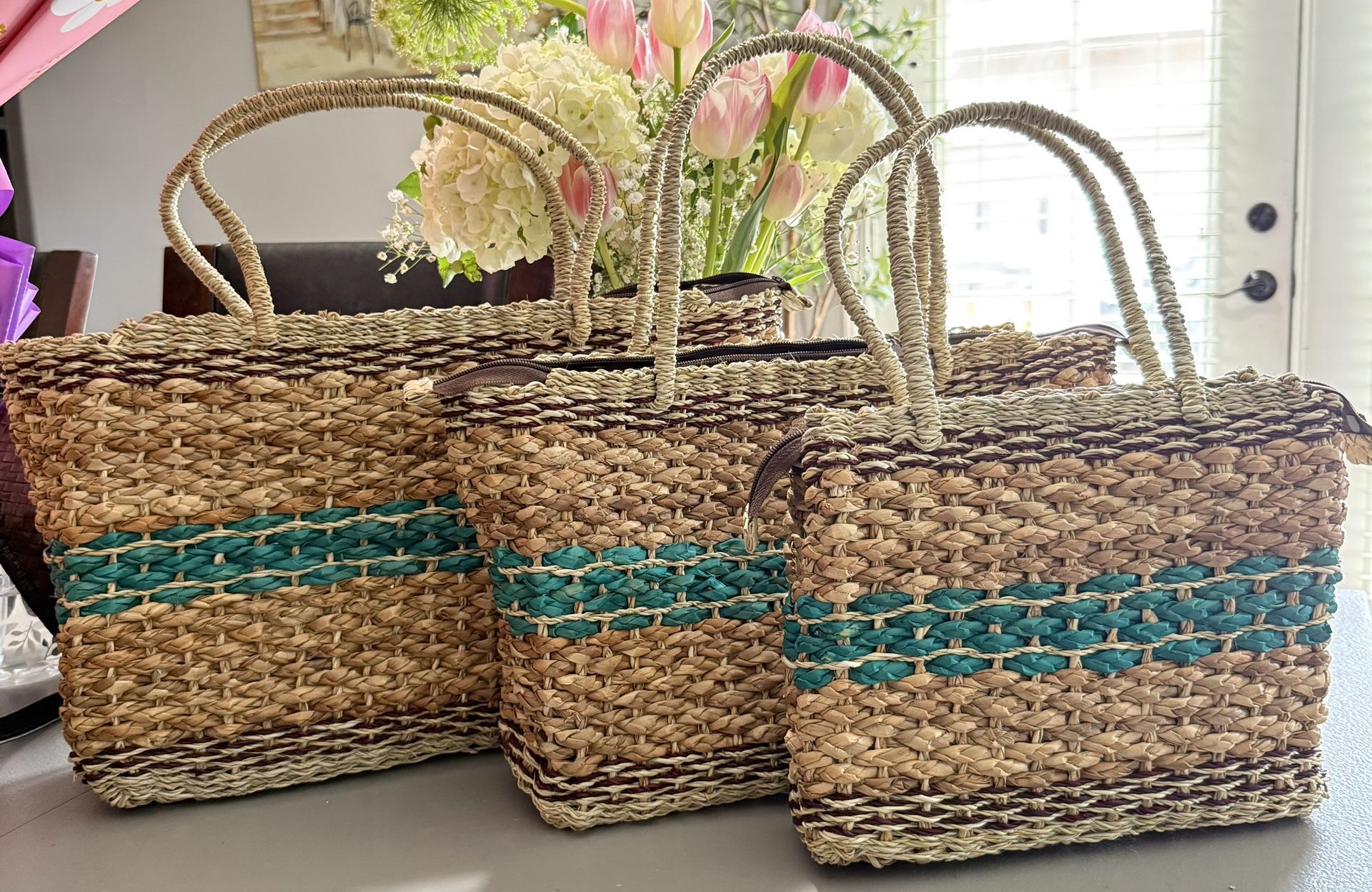 Woven straw handbag with a rectangular shape