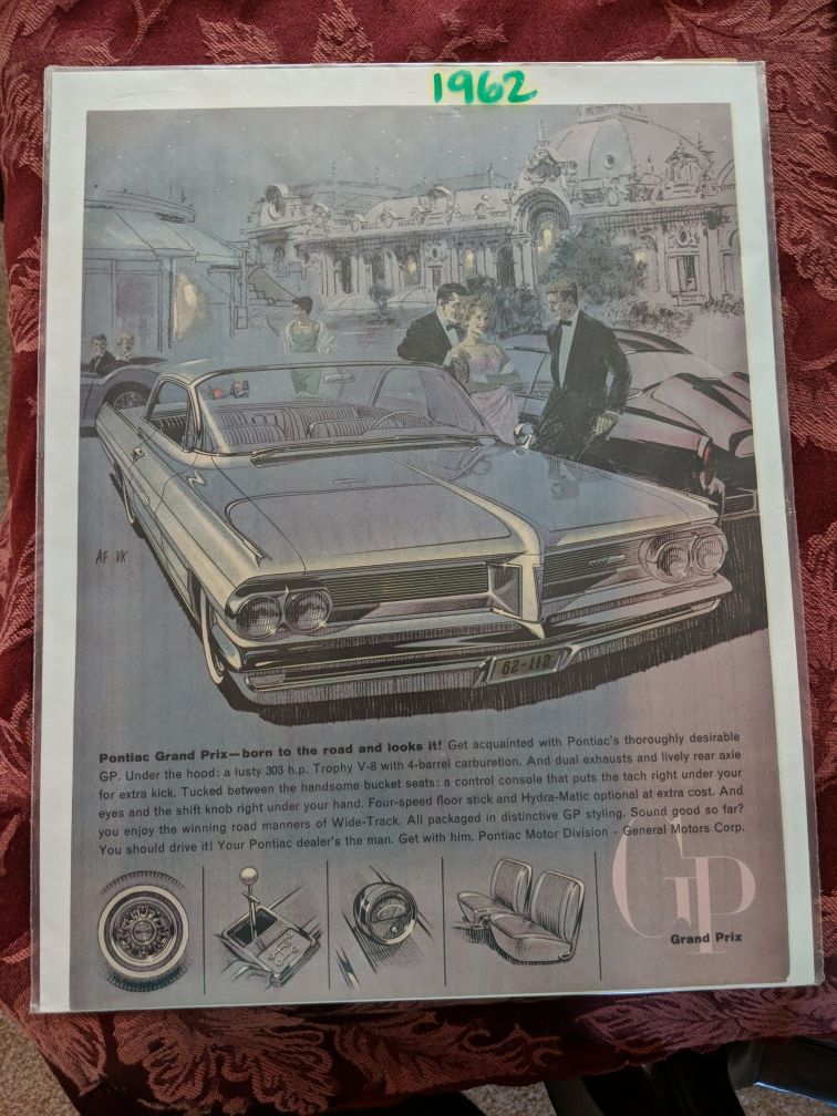 New, unopened. 1962 magazine ad for Pontiac - Grand Prix, born to the road and looks it!!