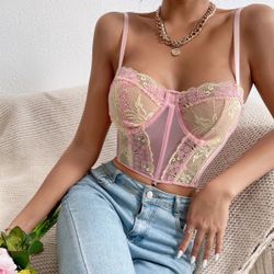 Pink Embroidered Mesh Corset