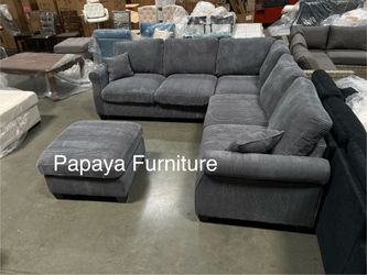 New! Plush Dark Grey Sectional Sofa And Ottoman, Sectionals, Sofa, Couch, Grey Couch, Grey Sofa, L-Shaped Sofa, Plush Sectional Couch,Living Room Sofa