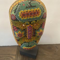 Vintage Huichol Carved Wood Beaded Mask 