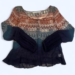 Twelfth Street By Cynthia Vincent Women’s Medium Blue Orange Boho Sheer 100% Silk Long Sleeve Fall Blouse Top Shirt