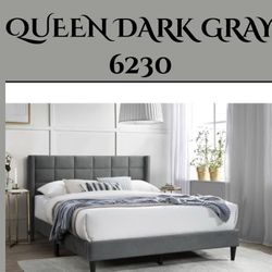 Queen Size Platform Bed Frame with Wingback, Fabric Upholstered Square Stitched Headboard and Wooden Slats, Mattress Foundation(6230 Queen Dark Grey)