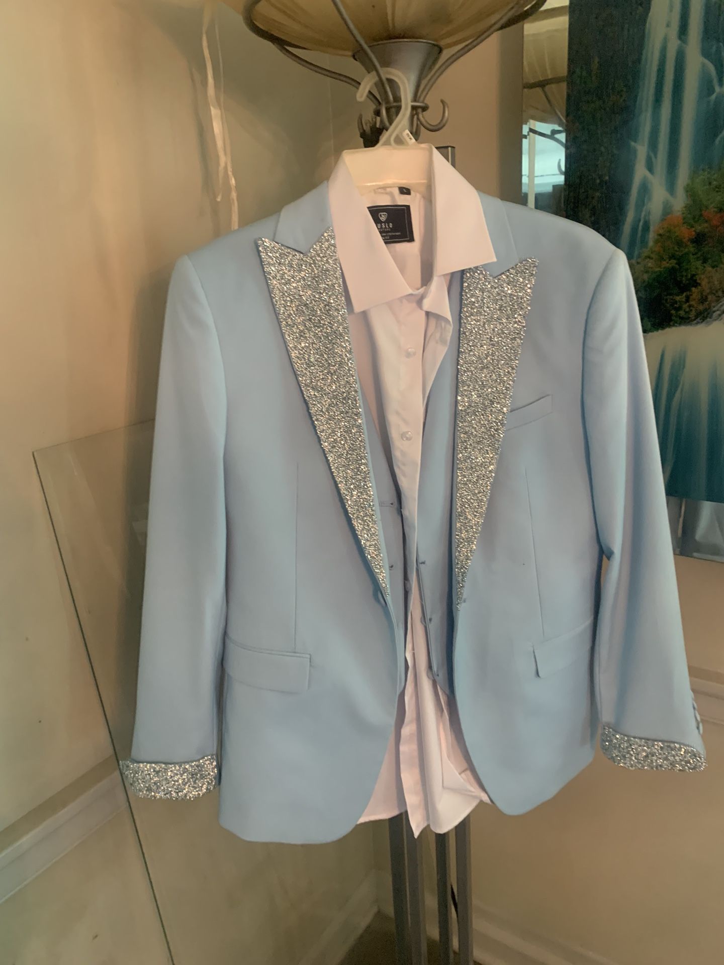 Light Blue Prom Suit With Crystals