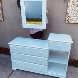 Solid Wood Satin White Nursery Dresser W/ Wall Mirror 
