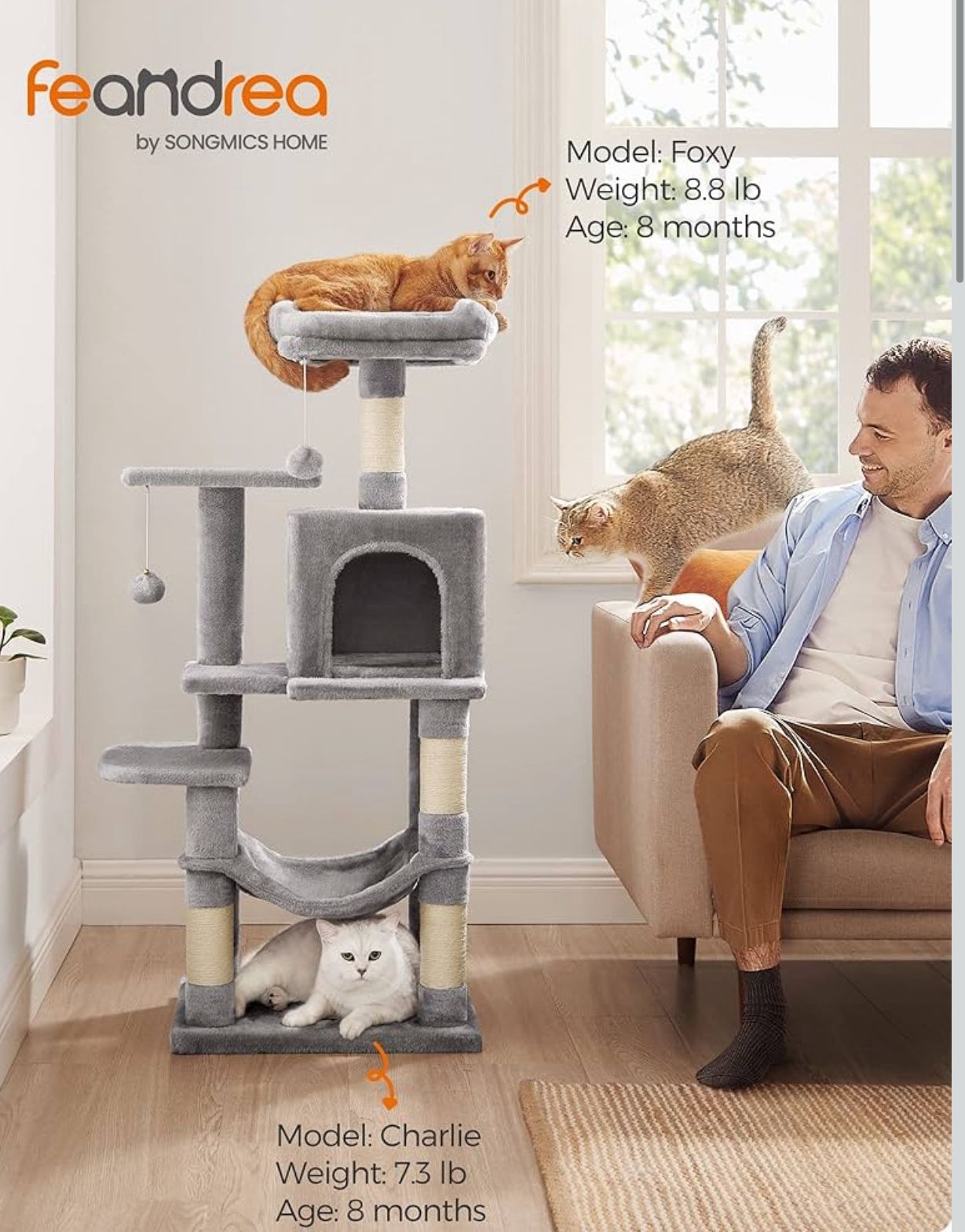 Cat Tree, 44.1-Inch Cat Tower for Indoor Cats, Multi-Level Cat Condo with 4 Scratching Posts, 2 Perches, Hammock, Cave, Light Gray UPCT261W01