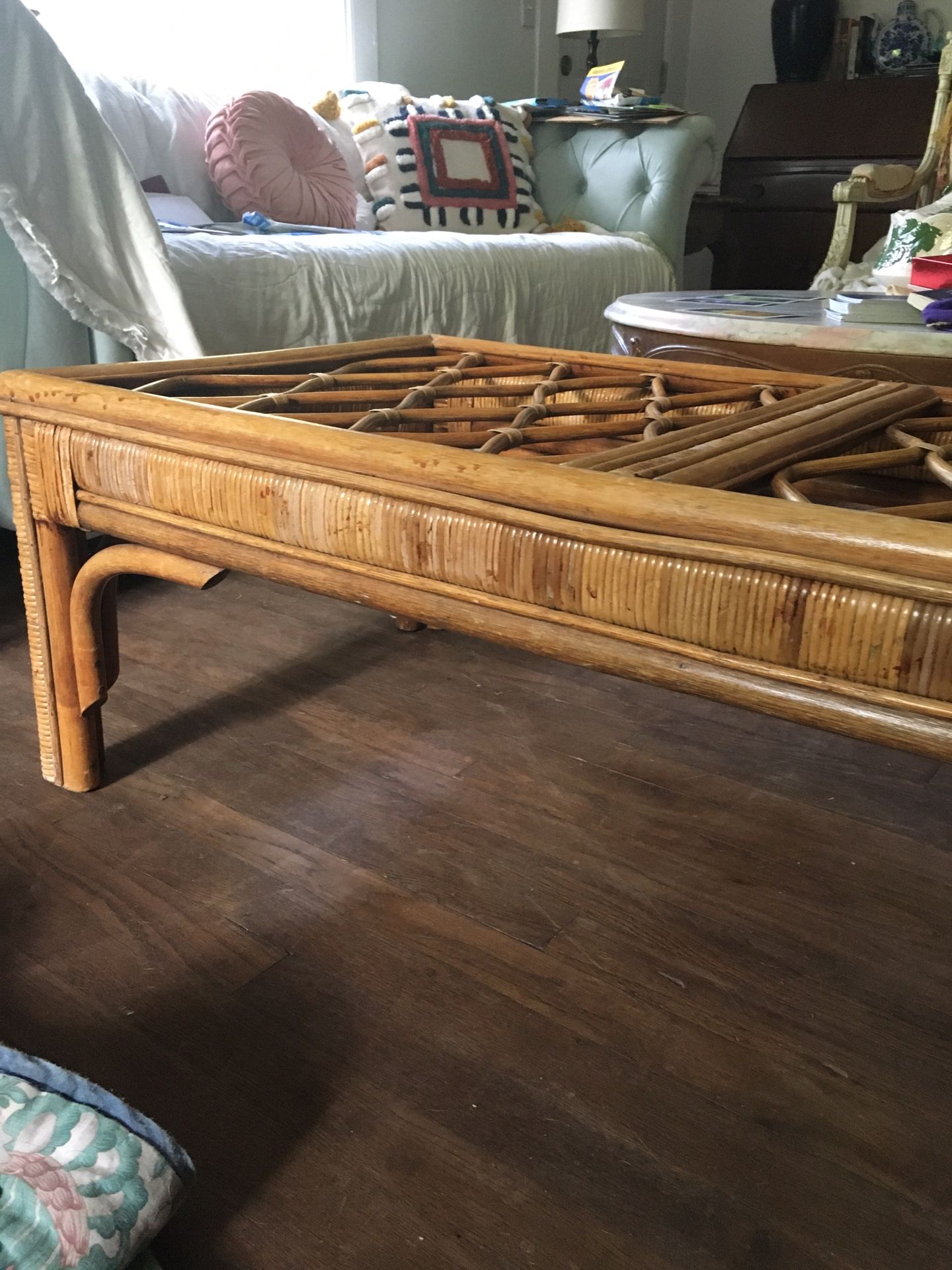Vintage Rattan Table With Glass Top