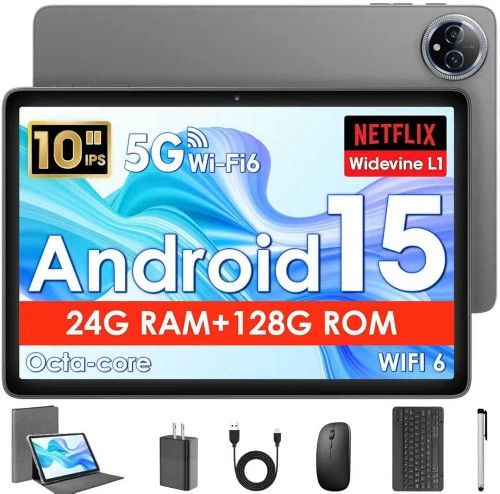Android 15 Tablet 10 Inch Tablet, Octa-Core Tablets with keyboard, 24GB(8+16)RAM+128GB ROM+1TB, 1280x800 IPS Display, Widevine L1, GPS, 2.4G/5G WiFi, 