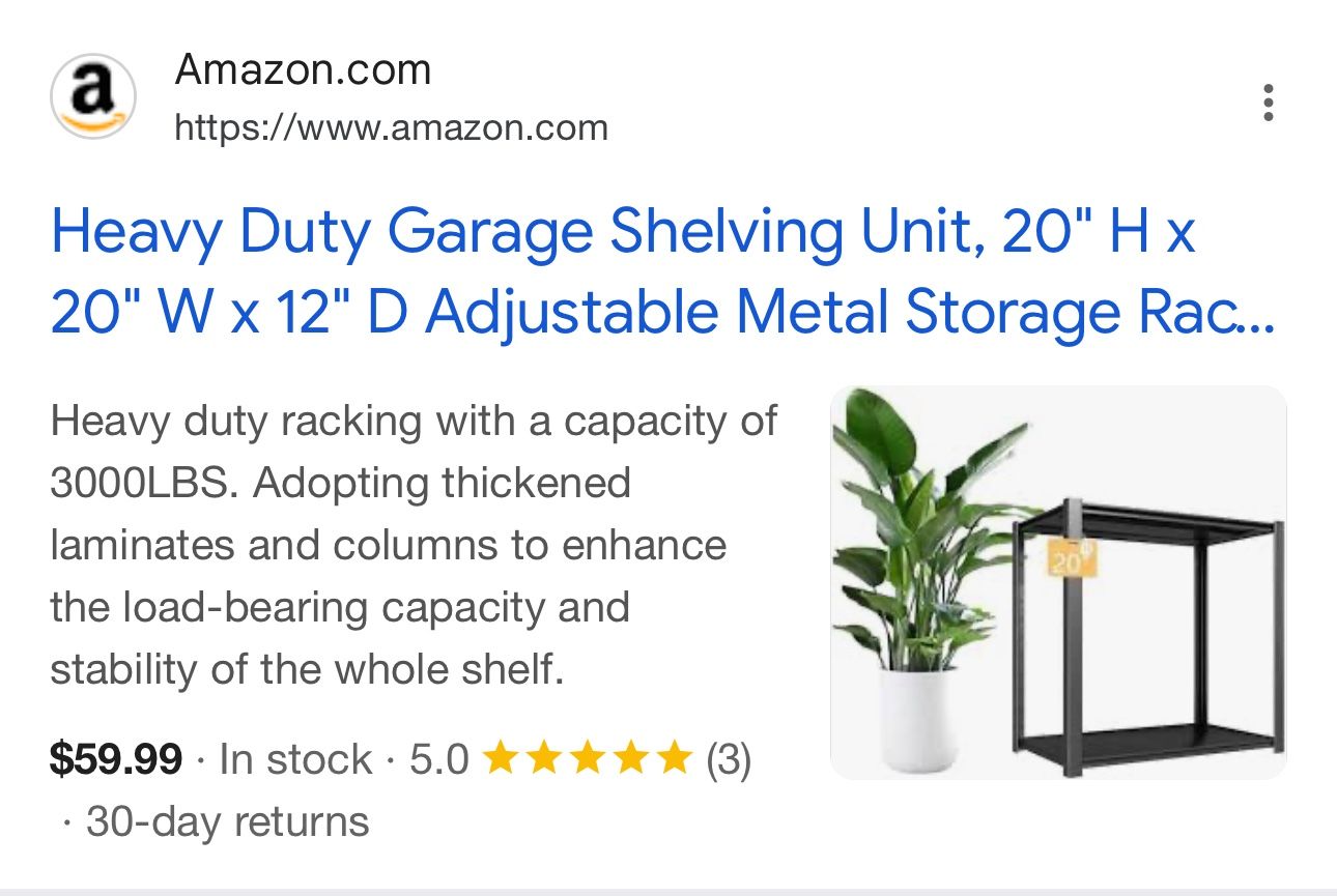 Heavy Duty Garage Shelving Unit, 20" H x 20" W x 12" D Adjustable Metal Storage Rac...