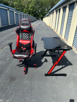 Gaming desk & Gaming chair set - LED Carbon Fiber Desk with Cup holder And Ergonomic Racing -style Gaming chair, Black/ red