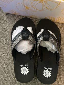 Yellow Box Black Flip Flops with Star Detail
