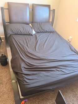 Dark black metal Bed Frame with Leather Headboard