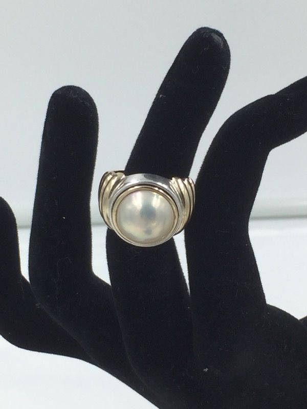 14K Gold & Silver L Mabe Pearl Ring 7.25