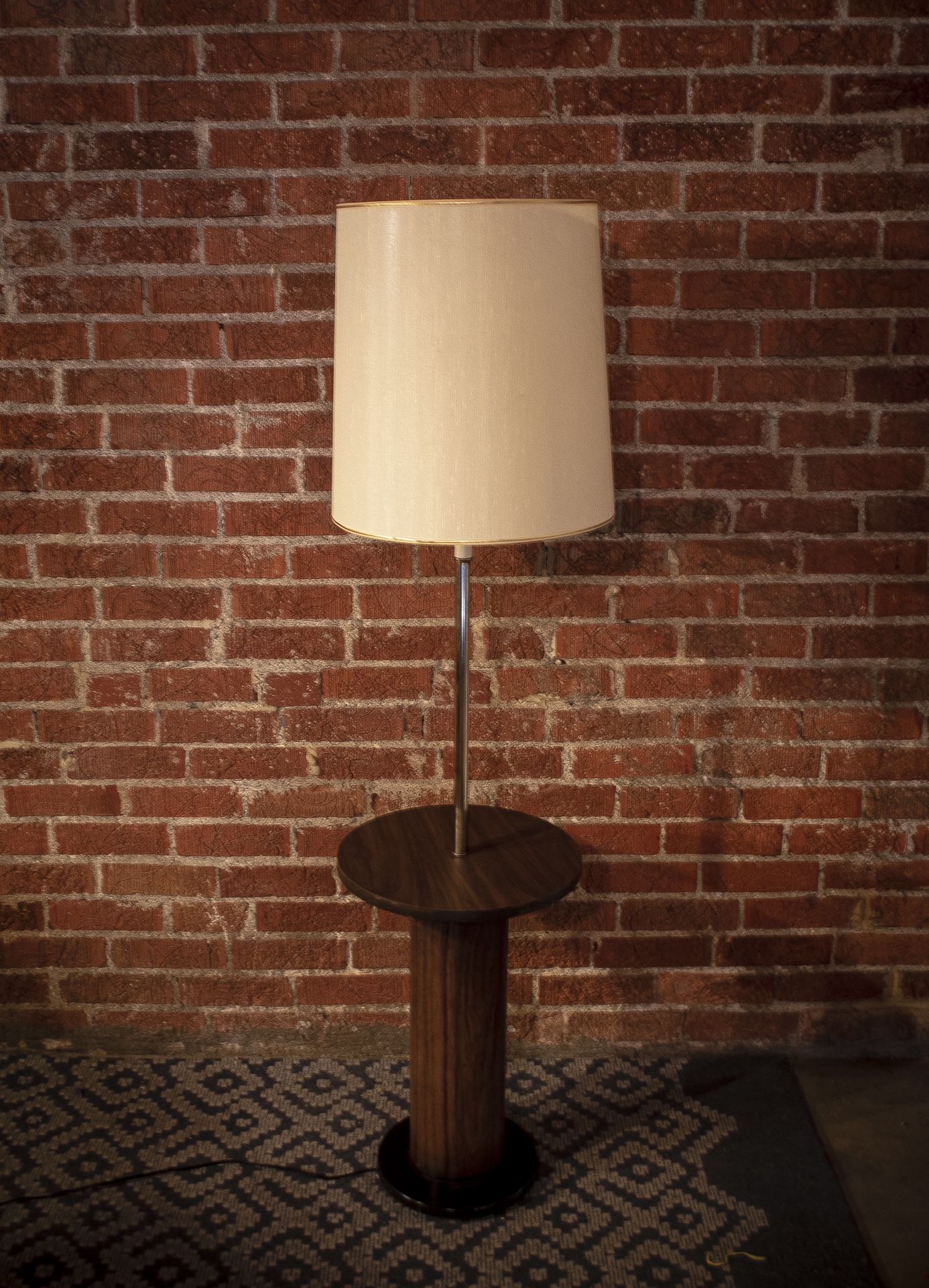 Handsome Mid Century Modern Wooden Floor Lamp with Built in Shelf and Metal Base