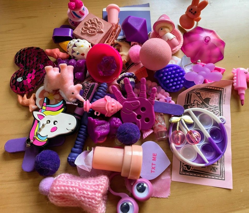 Pink purple Mixed Media Art Craft Materials Trinket lot Assemblage mini toy junk drawer