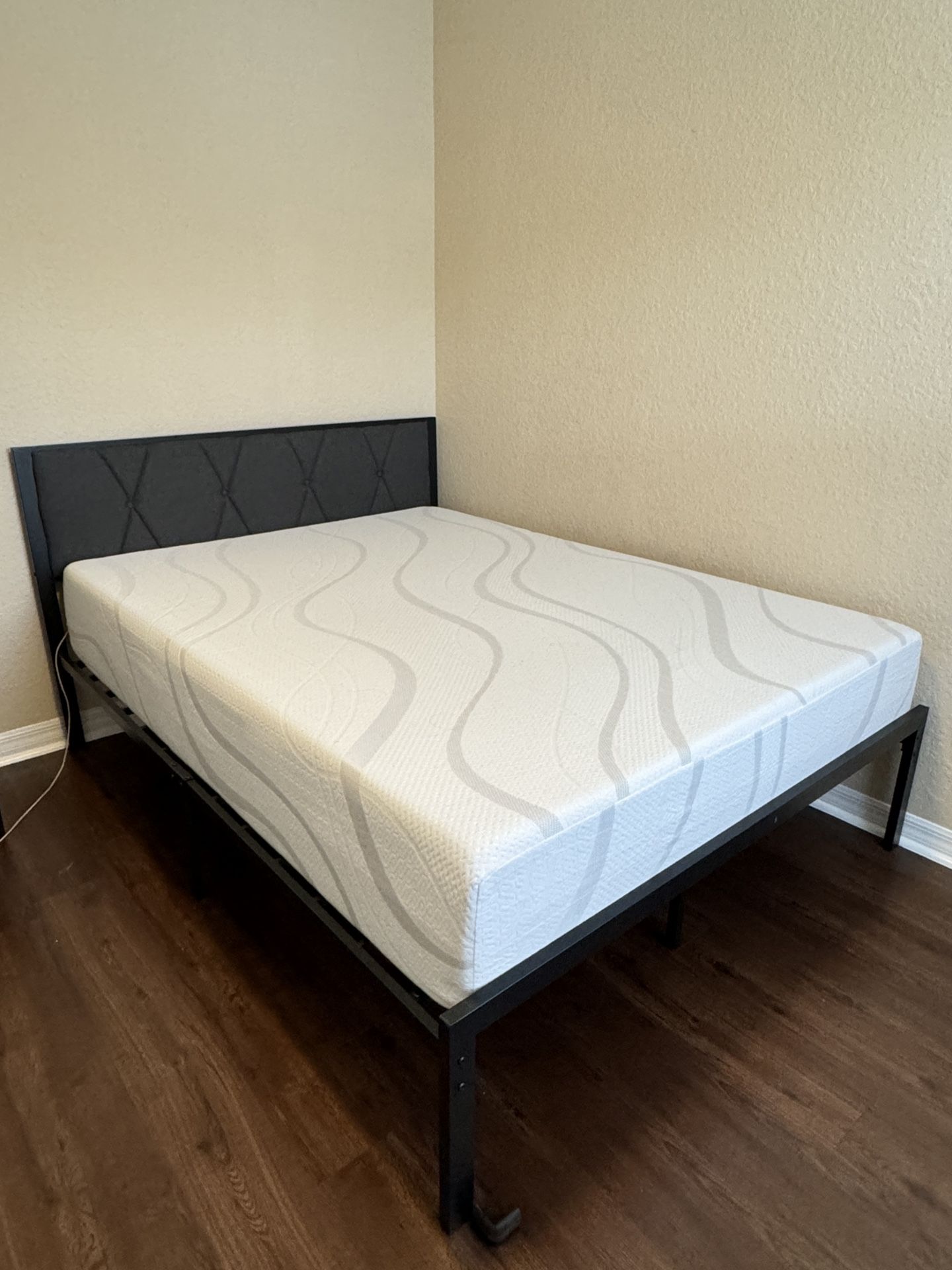 Queen Bed Frame + 12in Mattress + Gray Headboard MOVING SALE!