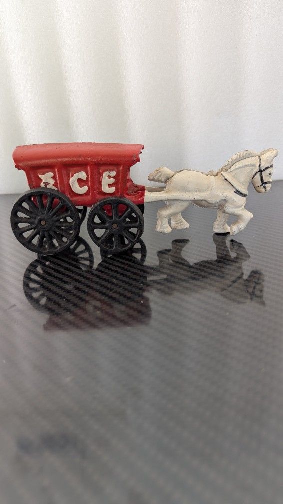 7” Vintage Cast Metal Toy Horse-Drawn Ice Cart