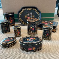Vtg English Tins (8) With Tray (1) Black Floral Gold Pink Blue Metal Made in England