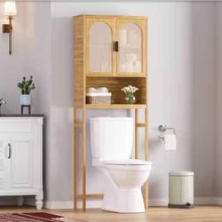 VEIKOUS Yellow Bamboo Over-The-Toilet Storage Cabinet 24.4 in. W x 66.9 in. H x 9.5 in. D with 3-She 