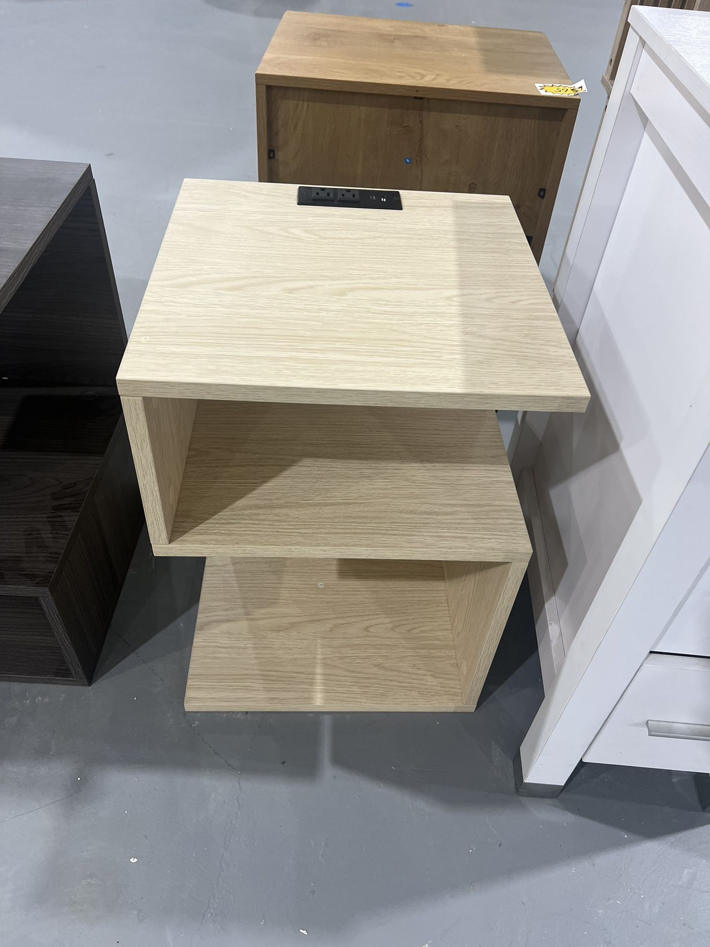 New S-Shaped Nightstand, 3-Tier Wood Nightstand with Open Storage and Charging Port, Minimalist End Table for Small Spaces, Easy Assembly, Bedside Tab