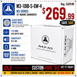 JL Audio M3 Series Marine 10"Free Air Subwoofer 350 Watts Glosse White Sport Grille M3-10IB-S-GW-4 🚨 Payment Options Available 🚨 No Credit Needed 🚨