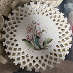 Vintage Challinor Taylor Milk Glass Lattice Edge Floral Plate