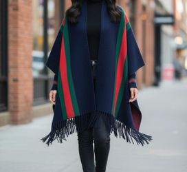 Navy Blue Classic Stripe Knit Shawl Poncho