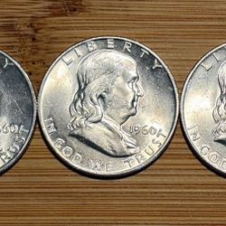LOT OF 5 UNCIRCULATED 1960-D 90% SILVER FRANKLIN HALF DOLLARS!! FBL FULL BELL LINES!!