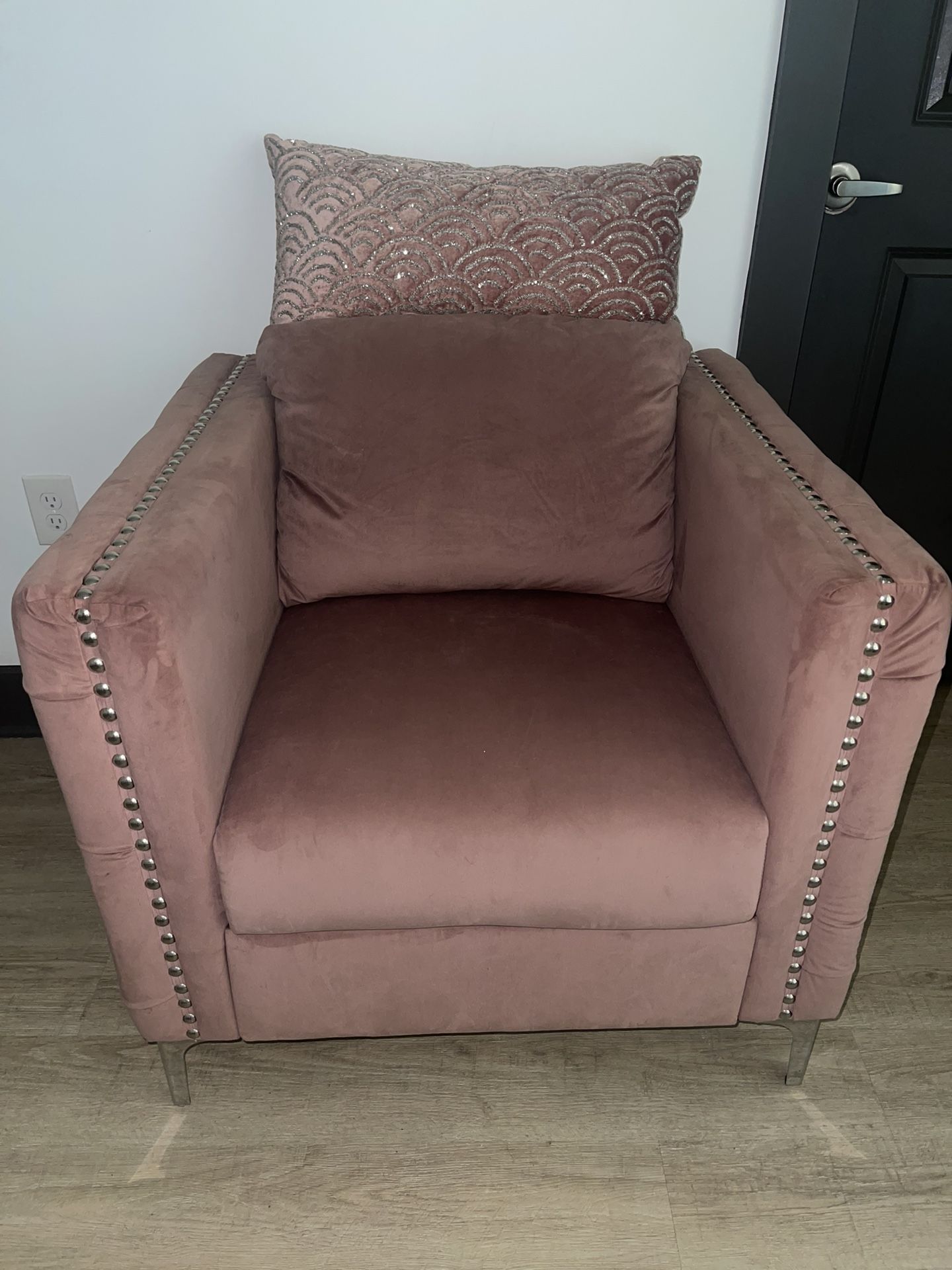 Blush Pink Velvet Accent Chair with Nailhead Trim & Metal Legs